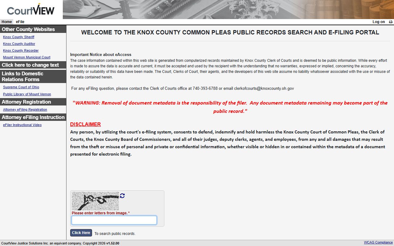 Knox County Common Pleas Clerk public records and e-filing portal entry point