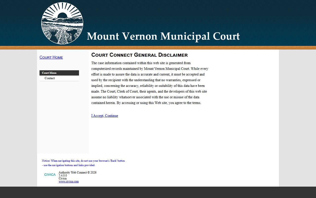 Mount Vernon Municipal Court Authority Web Connect case-search disclaimer screen
